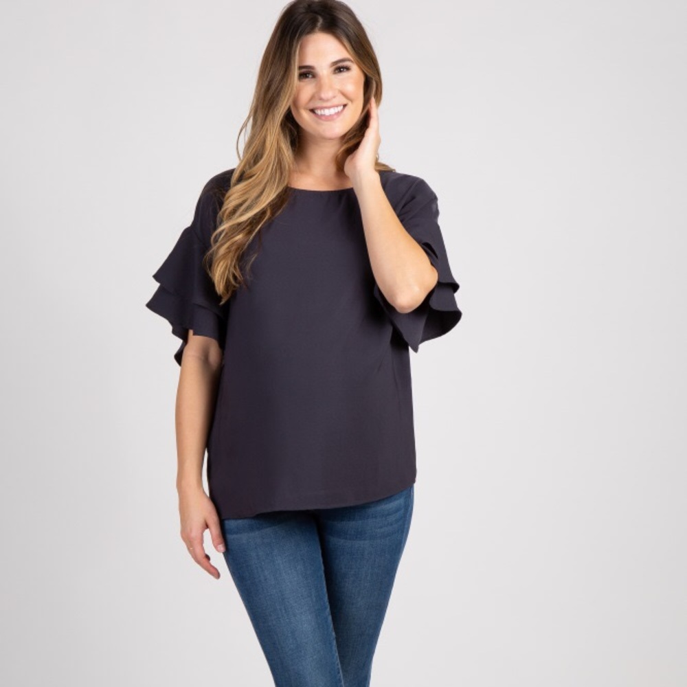 PinkBlush Maternity Black Solid Ruffle Sleeve Top